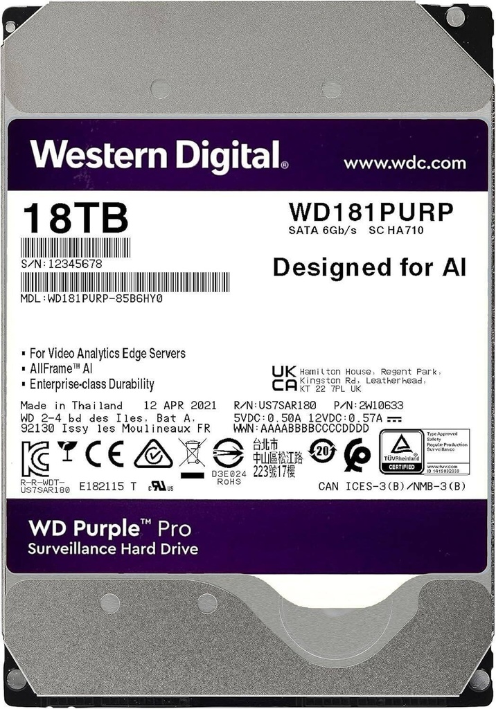 WD Purple Pro WD181PURP - Disco duro - 18 TB - interno - 3.5" - SATA 6Gb/s - 7200 rpm - búfer: 512 MB