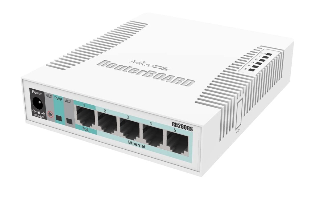 MikroTik RB260GS - Conmutador - Gestionado - 1 x 10/100/1000 (PoE) + 4 x 10/100/1000 + 1 x SFP - sobremesa