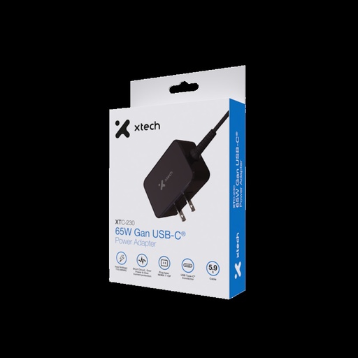 [XTC-230] Xtech - 65W GaN USB-C® Power adapter - voltage 110/240VCA - plug NEMA 1-15P 5.9ft XTC-230