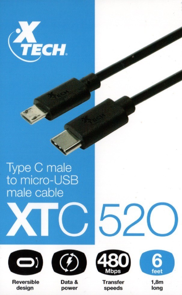 Xtech XTC-520 - Cable USB - 24 pin USB-C (M) reversible a Micro-USB tipo B (M) - USB 2.0 - 1.8 m - negro