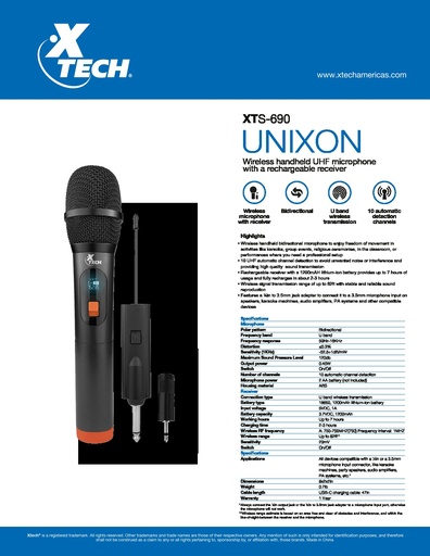 [XTS-690] Xtech - Microphone - Home audio / Conference - Bi-directional - Wireless - w/receiver XTS-690