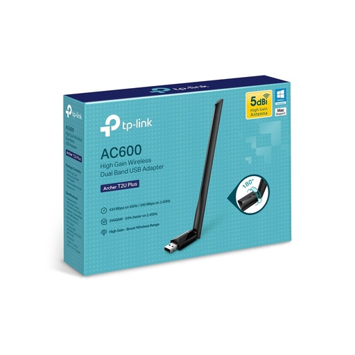 [ARCHERT2UPLUS] ADAPTADOR DE RED USB TP-LINK ARCHER T2U PLUS AC600 ALTA GANANCIA, DUAL BAND 433MBPS A 5GHZ/200MBPS