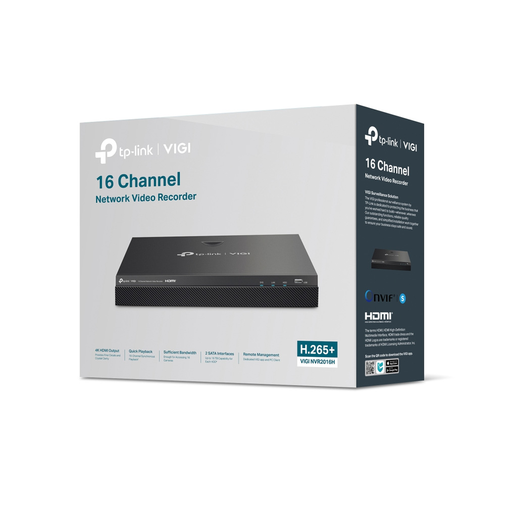 GRABADORA TPLINK/VIGI NVR2016H/16 CANALES/H.265 PLUS /ONVIF/SOPORTA 2 DISCO HASTA 10TB CADA UNO