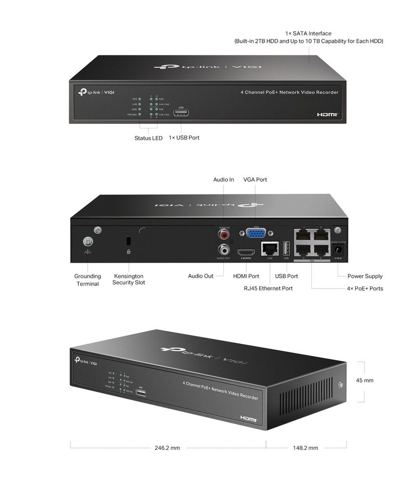GRABADORA/TPLINK VIGI NVR1004H-4P/4 CANALES POE /H.265 PLUS /ONVIF/SOPORTA 1 DISCO HASTA 10TB