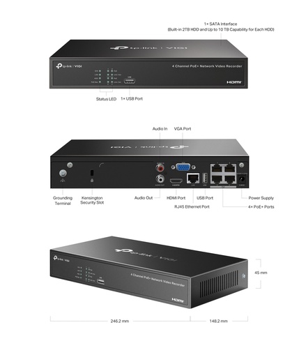 [VIGINVR1004H-4P] GRABADORA/TPLINK VIGI NVR1004H-4P/4 CANALES POE /H.265 PLUS /ONVIF/SOPORTA 1 DISCO HASTA 10TB