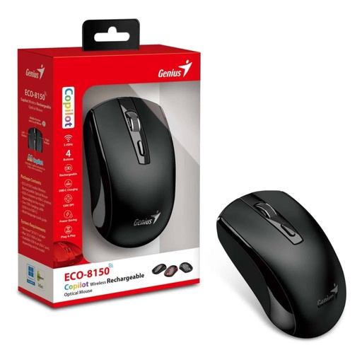[31030045400] MOUSE GENIUS/ECO-8150 WIRELESS NEGRO /BAT. RECARGABLE /AI COPILOT /4 BOTONES /1200 DPI /ADAP. USB