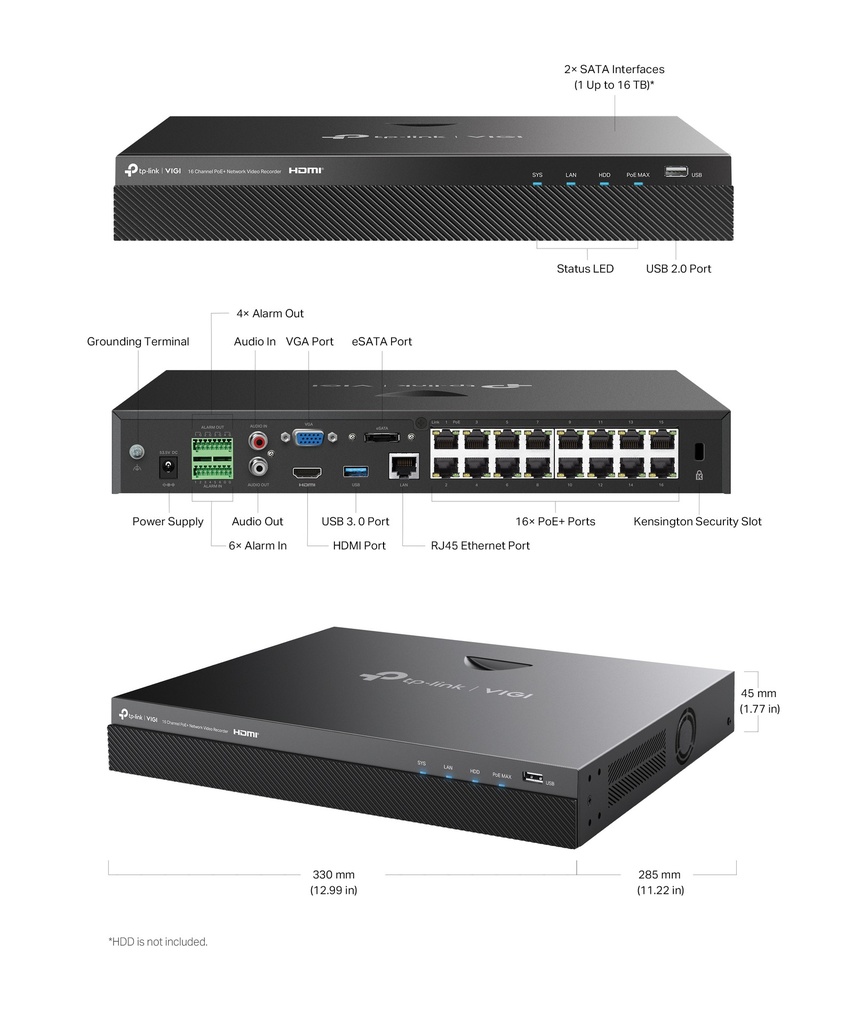 GRABADORA/TPLINK VIGI NVR2016H-16MP/ 168 CANALES POE /H.265 PLUS/ONVIF/SOPORTA HASTA 20TB/140W POE