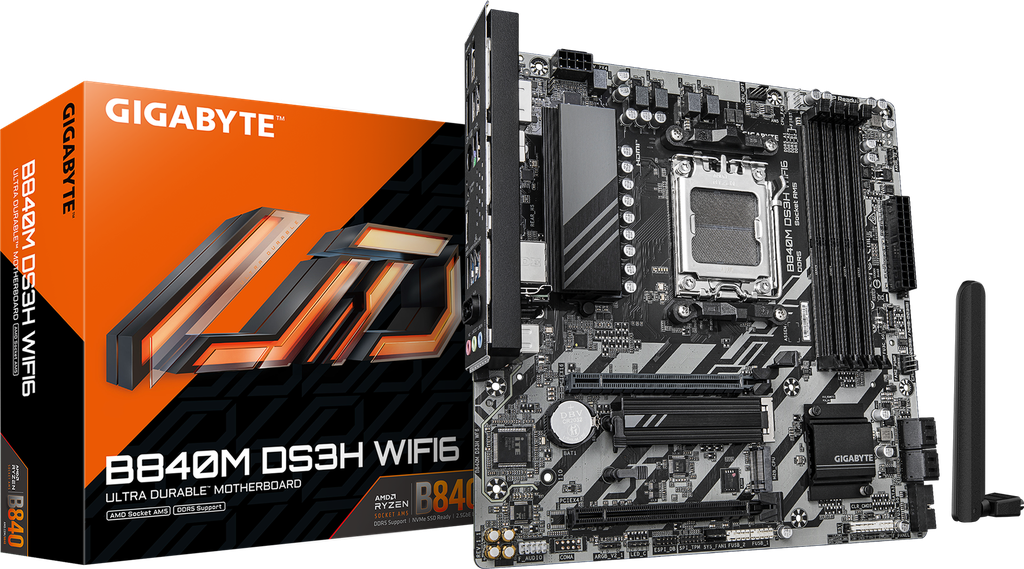 MAINBOARD GIGABYTE/B840M DS3HP WIFI 6E BT 5.3 MICRO ATX AM5 SERIES 7000 8000 9000 DDR5