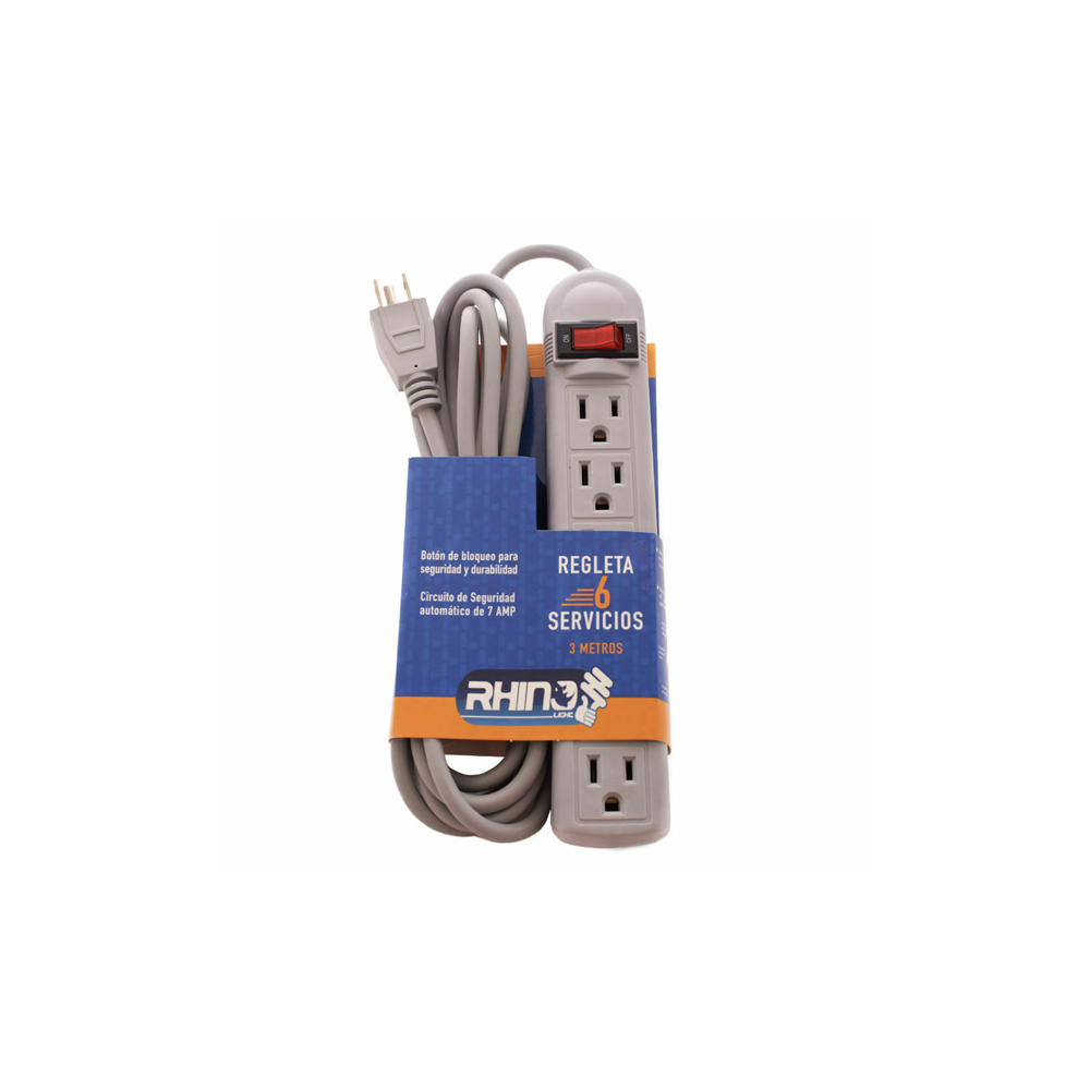 REGLETA RHINO / JEM /6 TOMAS/CABLE 3 METROS/BOTON ENCENDIDO- APAGADO/CIRCUITO DE SEGURIDAD 7AMP