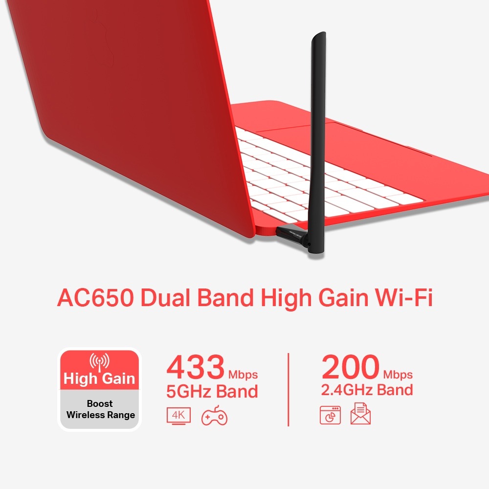[ADAMERMU6H] ADAPTADOR USB MERCUSYS INHALAMBRICO DUAL BAND HIGH GAIN AC650