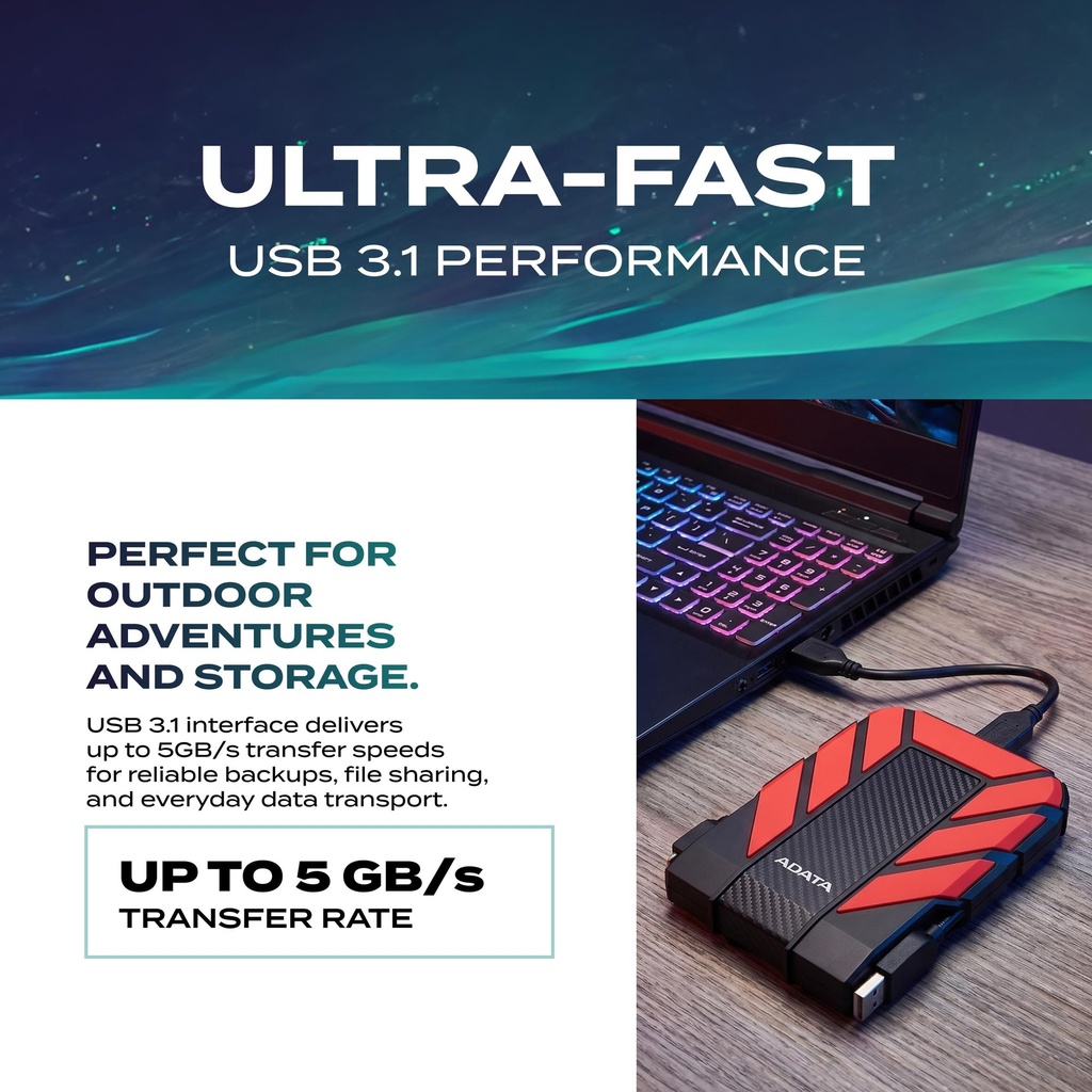 DISCO DURO EXTERNO ADATA 2TB HD710 USB 3.0 ANTISHOCK WATERRESIST ROJO