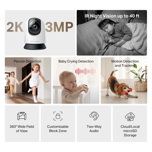 [CAMMERMC210] CAMARA MERCUSYS WI-Fi PANORAMICA 360grados 2K 3MP Mon. Vertical-Horizontal Segui. Int. Vis. Noct.