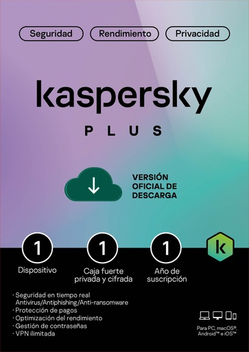 [KL1042DDAFS-INV] KASPERSKY PLUS / 1 DISPOSITIVO / 1 CUENTA KPM / 1AÑO /BASE