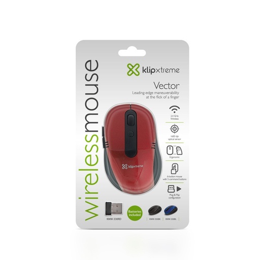 [KMW-330RD] Klip Xtreme KMW-330 Vector - Ratón - ergonómico - óptico - 6 botones - inalámbrico - 2.4 GHz