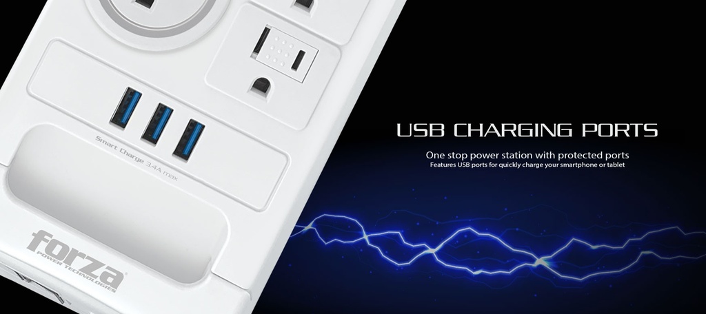 Forza - Surge protector - AC 110/220 V - 11 Tomas de Corriente - NEMA 3USB 5ft WH