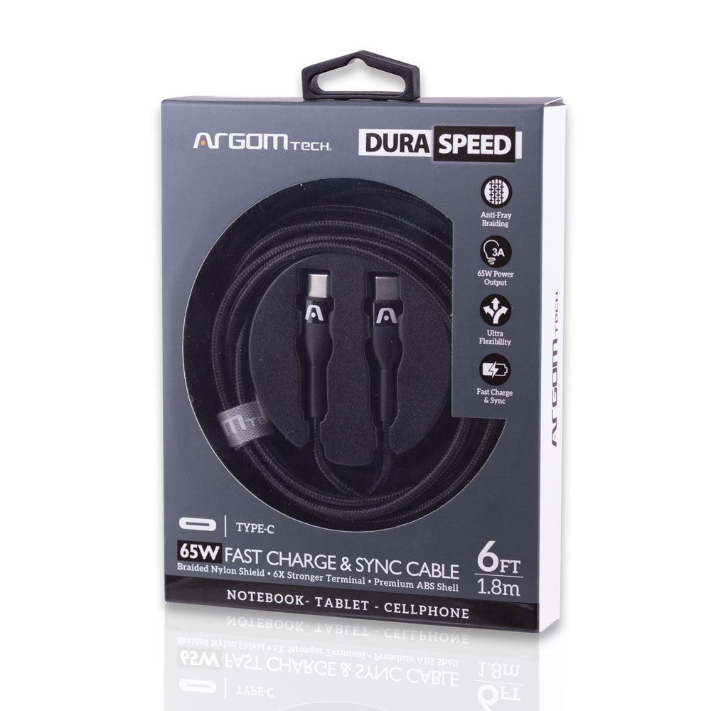 CABLE ARGOM CB-0047BK TYPE-C TO TYPE-C 65 W NYLON 1.8M BLACK