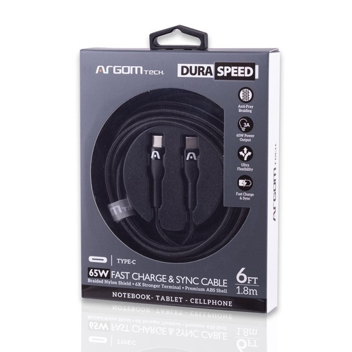 [CABARGCB-0047BK] CABLE ARGOM CB-0047BK TYPE-C TO TYPE-C 65 W NYLON 1.8M BLACK