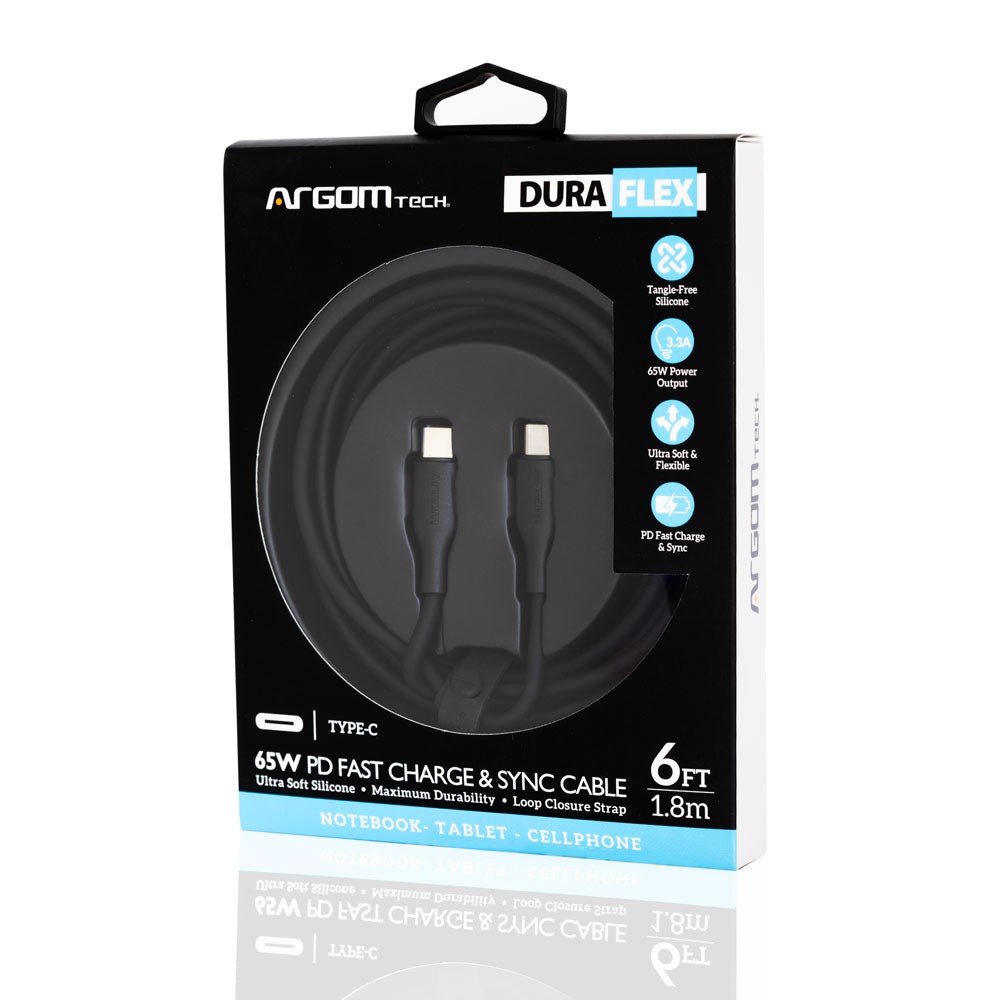 CABLE ARGOM DE SILICONA TYPE C TO TYPE C 65W 1.8MTS DURA FLEX BLACK