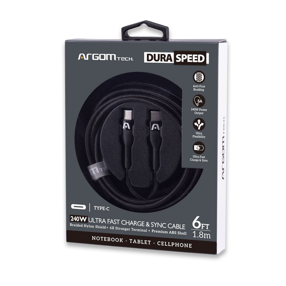 CABLE ARGOM DURASPEED TYPE-C TO TYPE-C 240W ULTRA FAST CHARGE 1.8mts Black