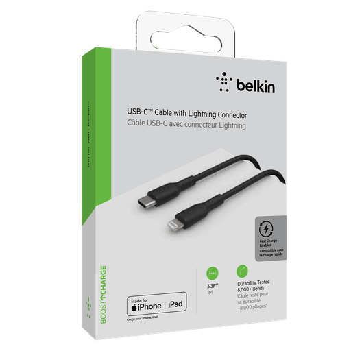 [CAA003bt1MBK] Belkin BoostCharge - Cable Lightning - 24 pin USB-C macho a Lightning macho - 1 m - negro