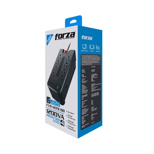 [FVR-1221USB] Forza - Automatic voltage regulator - AC 110 V - 8 Tomas de Corriente - 1200 VA - 600W NEMA 5-15 2-USB