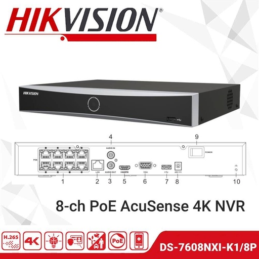 [DS-7608NXI-K1] NVR 8CH CAPACIDAD 80MB 1HDD ACUSENSE