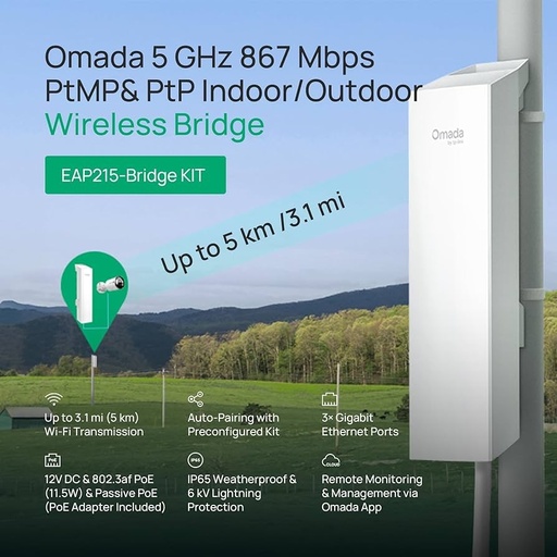 [TP-EAP215-BRIDGE-KIT] PUNTO DE ACCESO INALAMBRICO OMADA ALCANCE MAX 5KM 5GHZ A 867MBPS
