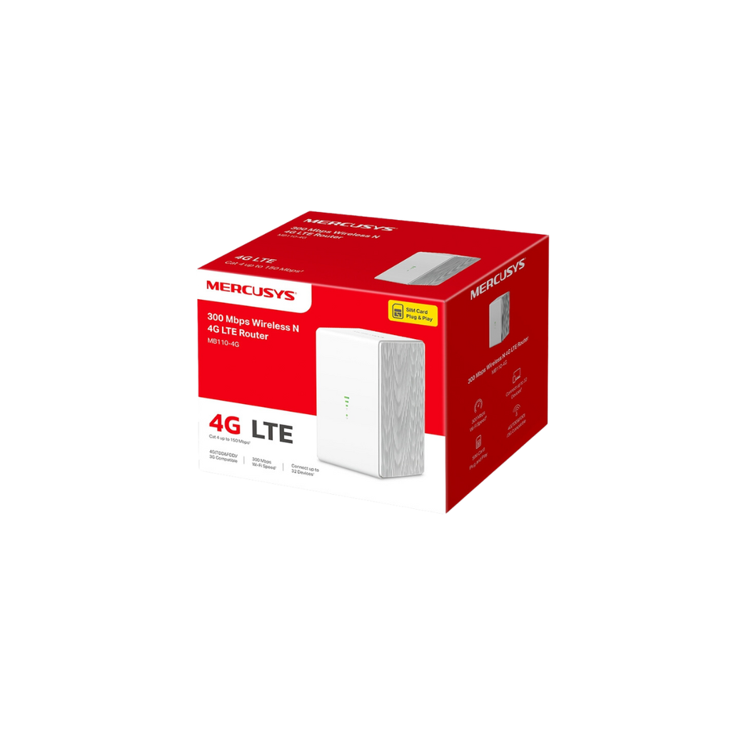 ROUTER MERCUSYS MB110-4G /LTE 4G INALAMBRICO N300 MBPS /HASTA 32 DISPOSITIVOS /SIM PLUG AND PLAY