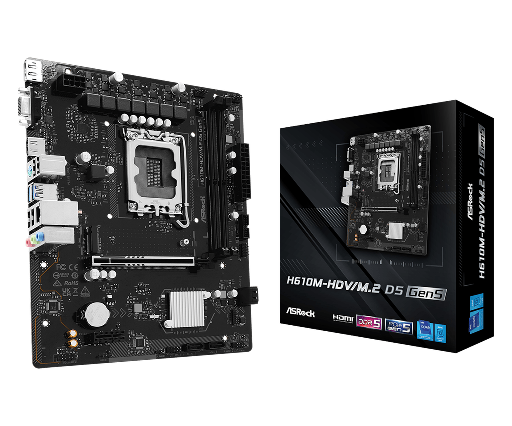 MBO ASROCK H610M-HDV D5 14VA 13VA 12VA. LGA1700 2DDR5 HDMI DP M.2 10USB PCIE MATX