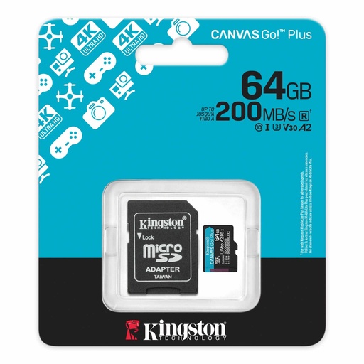 [MEMKINSDCG464GB] Micro-SDXC 64GB Canvas Go Plus 200MB-s Categoria 10 A2 U3 V30 Card with Adapter