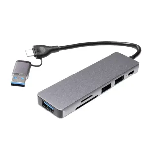 [HUBXXXDOUSB4251] HUB 5 EN 1 DUAL USB3.0 - USB-C WITH 3USB SD uSD Silver