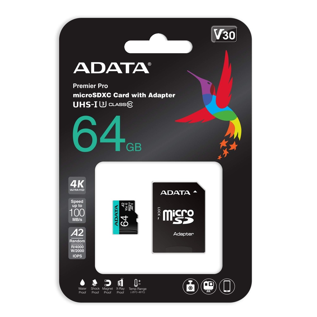 MEMORY CARD MicroSDXC 64GB UHS-I U3 V30 Clase 10 A2 MicroSD con Adaptador