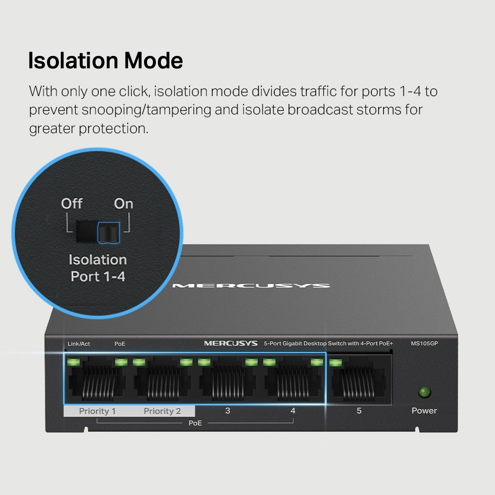SWITCH MERCUSYS ESCRITORIO 5-PORT PoE Plus 30W 10-100-1000MBPS 250m